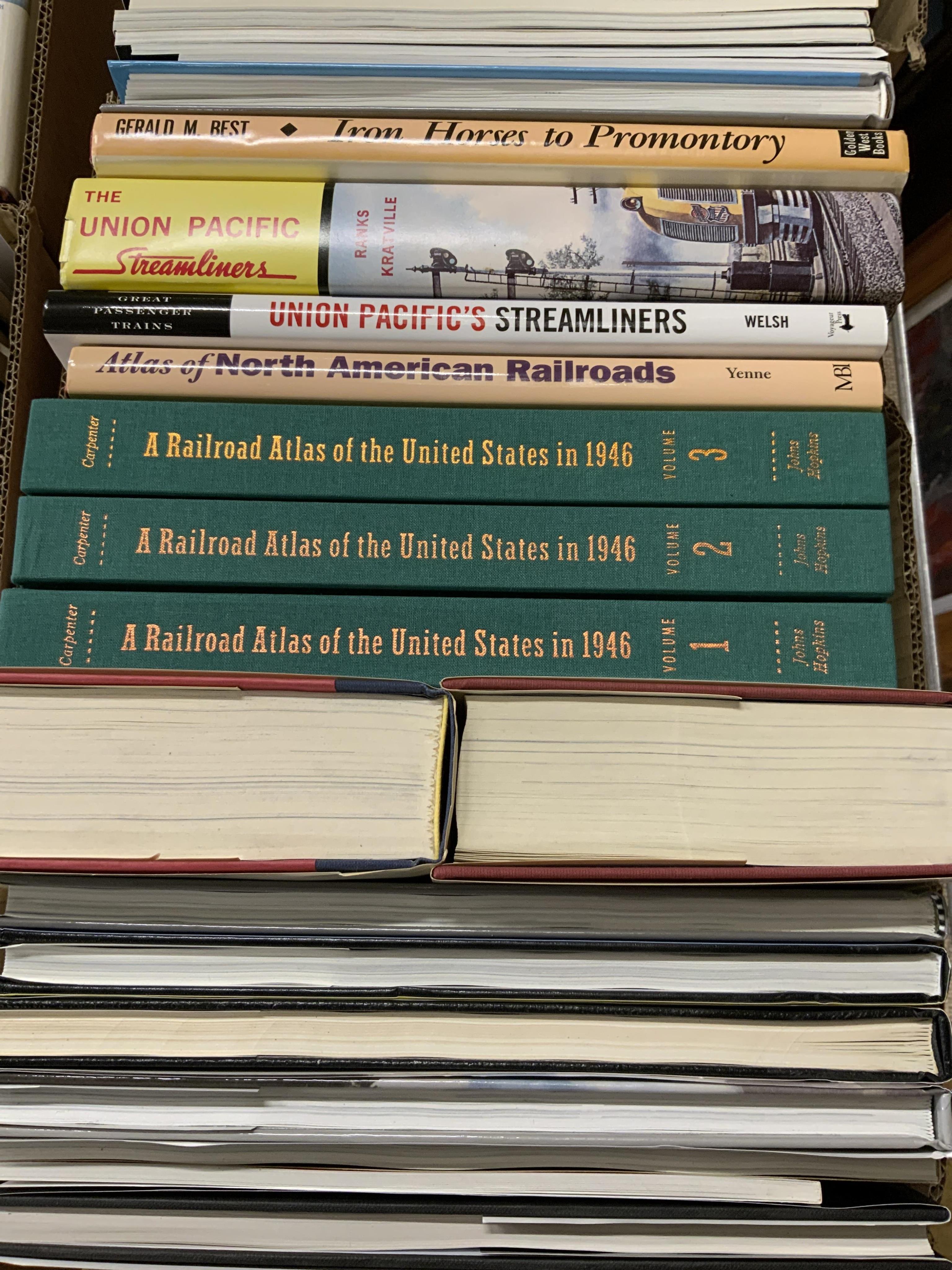 Eight boxes of railway related books, etc. subjects include; Indian railways, United States railways, Great Western Railway, steam trams, Union Pacific Railway, etc. publishers include; Middleton Press, Ian Allan, David